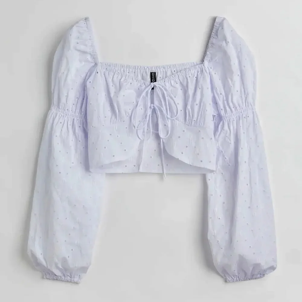 H&M Divided White Eyelet Tie Front Long Sleeve Balloon Top Size XL Blouse - Picture 5 of 10
